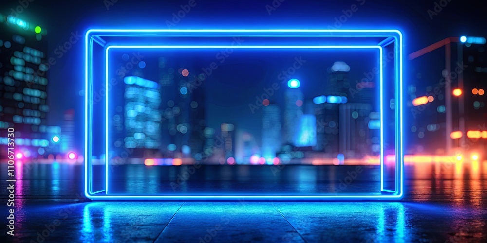 Fototapeta premium Futuristic glowing neon frame against a vibrant cityscape backdrop