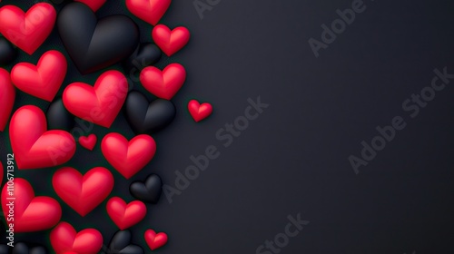 A vibrant arrangement of red and black hearts scattered on a dark background, symbolizing love and passion.