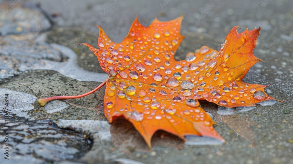 Fallen autumn leaf covered in raindrops on the ground. Fallen autumn leaf covered in raindrops on the ground.