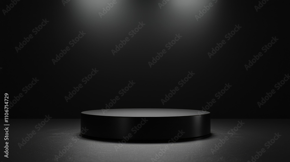 A Black Cylindrical Podium in a Dark Setting with Overhead Spotlights A Black Cylindrical Podium in a Dark Setting with Overhead Spotlights