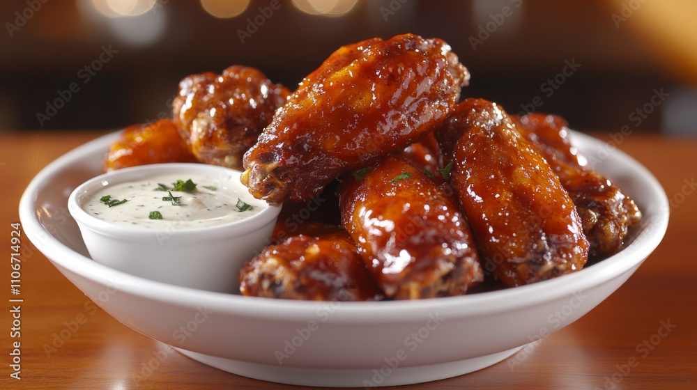 Close-up of Glazed Chicken Wings with Creamy Dip in White Bowl Close-up of Glazed Chicken Wings with Creamy Dip in White Bowl
