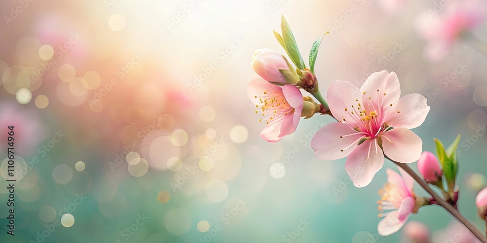 Delicate Pink Blossoms on a Branch, Illuminated by Soft Sunlight and a Dreamy Bokeh Background Delicate Pink Blossoms on a Branch, Illuminated by Soft Sunlight and a Dreamy Bokeh Background