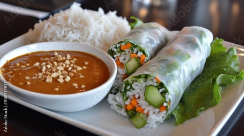 Vietnamese Summer Rolls with Peanut Sauce and Rice photo