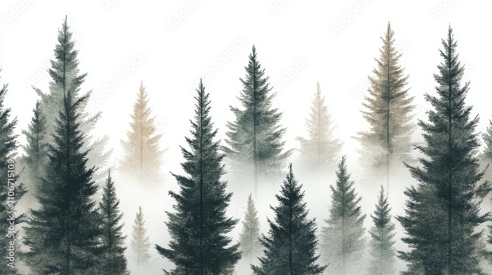Obraz premium The detailed seamless pattern of pine trees in gray and green tones adopts an elegant and minimalist style, characterized by soft tree shapes and vector graphics, with a clean white background.