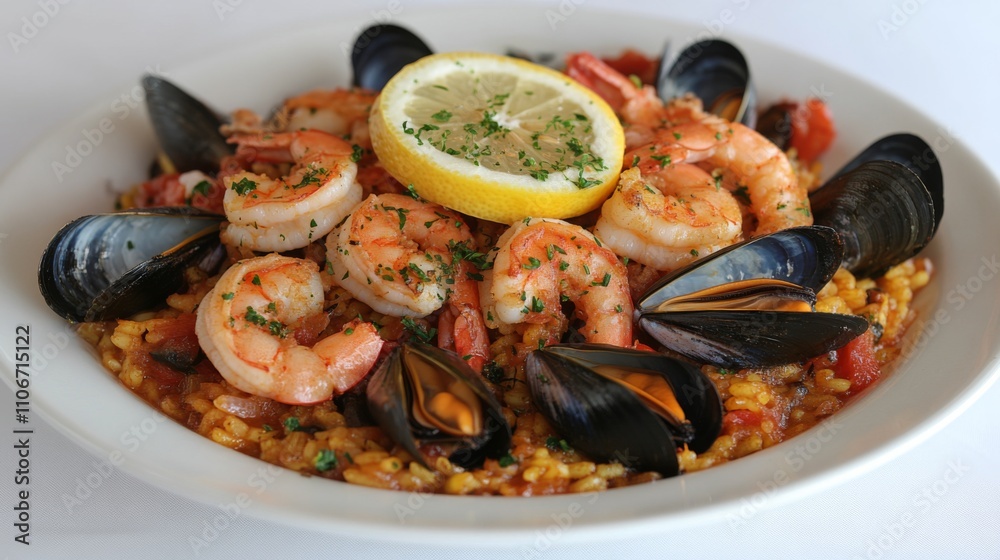 Seafood Paella with Lemon and Parsley Garnish Seafood Paella with Lemon and Parsley Garnish