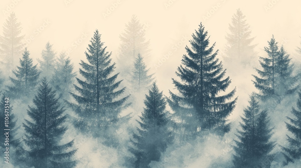 Obraz premium The detailed seamless pattern of pine trees in gray and green tones adopts an elegant and minimalist style, characterized by soft tree shapes and vector graphics, with a clean white background.