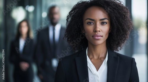 Female leadership scene with a woman confidently leading a team in a corporate setting