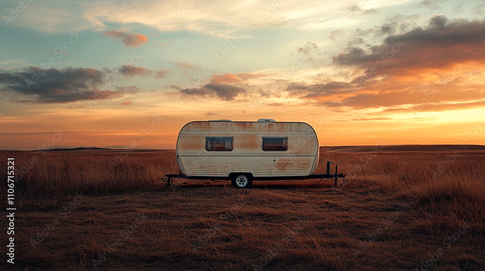 Obraz premium Vintage travel trailer in a vast field during sunset creates a tranquil atmosphere