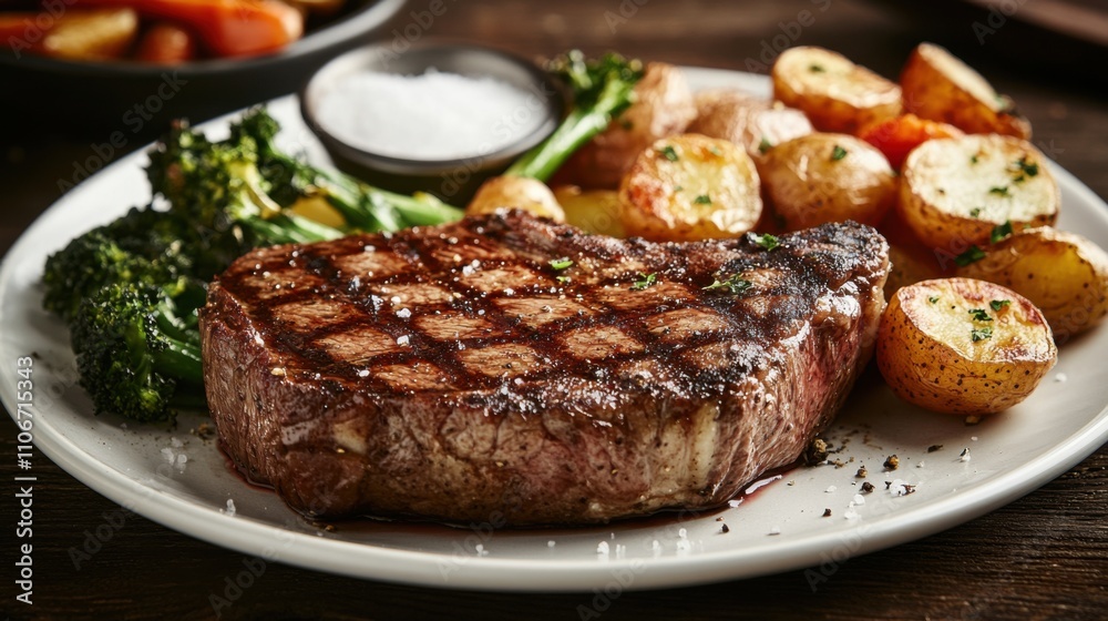 A succulent steak cooked to perfection, accompanied by roasted potatoes and steamed vegetables, Steak plate centered A succulent steak cooked to perfection, accompanied by roasted potatoes and steamed vegetables, Steak plate centered