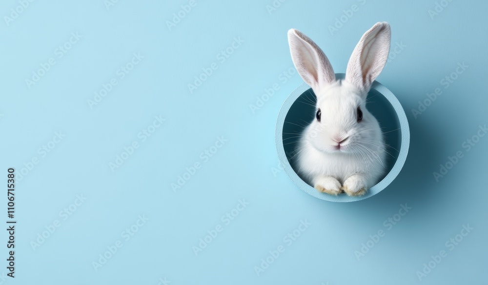 Obraz premium White Bunny Peeking Out of Blue Hole, Cute Fluffy Rabbit in Minimalistic Design, Springtime Celebration