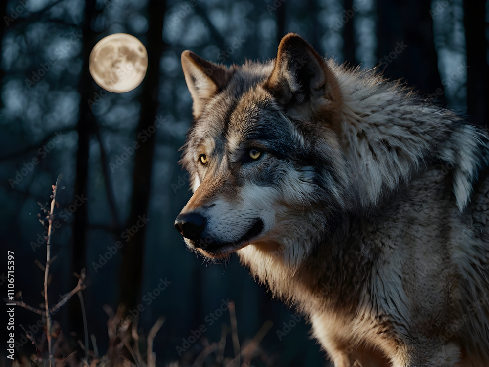 Obraz premium A close-up of a wolf with intense eyes, standing among the trees under a full moon.