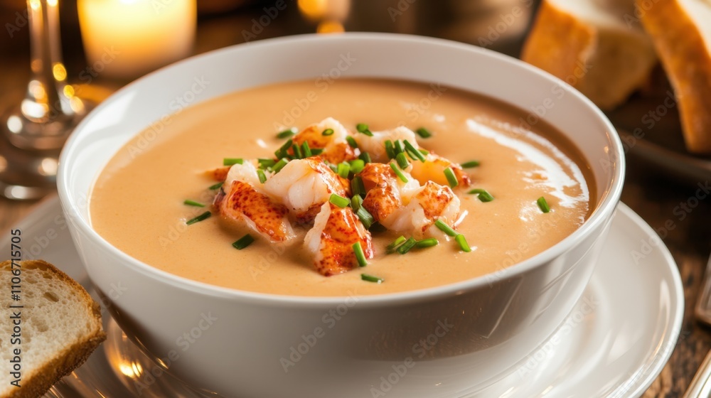 A sumptuous bowl of creamy lobster bisque garnished with chunks of tender lobster meat and a sprinkle of fresh chives, Bisque bowl centered, Soft candlelight creating an intimate ambiance A sumptuous bowl of creamy lobster bisque garnished with chunks of tender lobster meat and a sprinkle of fresh chives, Bisque bowl centered, Soft candlelight creating an intimate ambiance