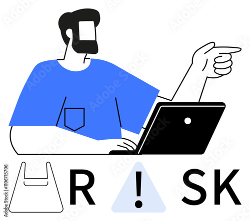 Man in blue shirt, pointing right while working on laptop with RISK text and symbols. Ideal for business, risk management, decision-making, workplace, education, awareness consultancy. Blue