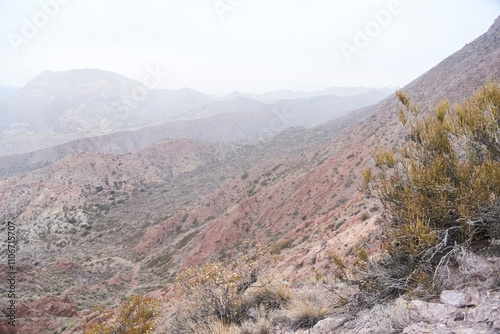 Andean misty scenery in the province of Mendoza, Argentina. Layers of mountains can be seen in the fog. photo