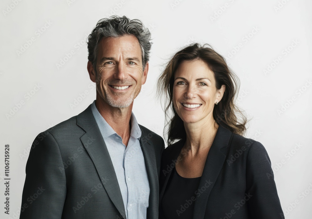 Duo business partnerships man and woman standing together in front of plain white background, pose confidently, symbolizing power of partnership and mutual respect. Duo business partnerships man and woman standing together in front of plain white background, pose confidently, symbolizing power of partnership and mutual respect.