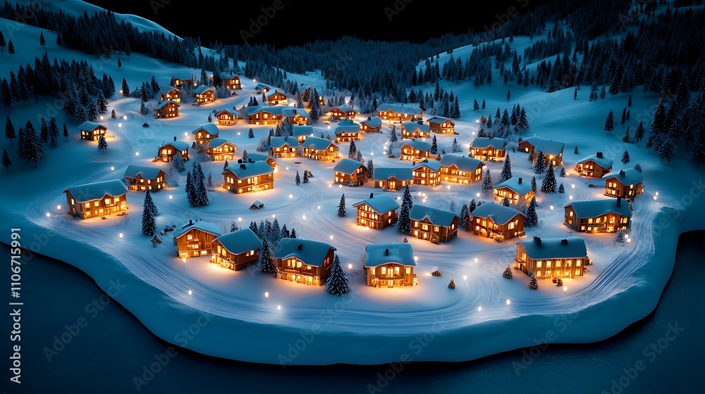 Naklejka premium Charming Winter Village with Cozy Homes Lit by Warm Glow Under Starry Night Sky