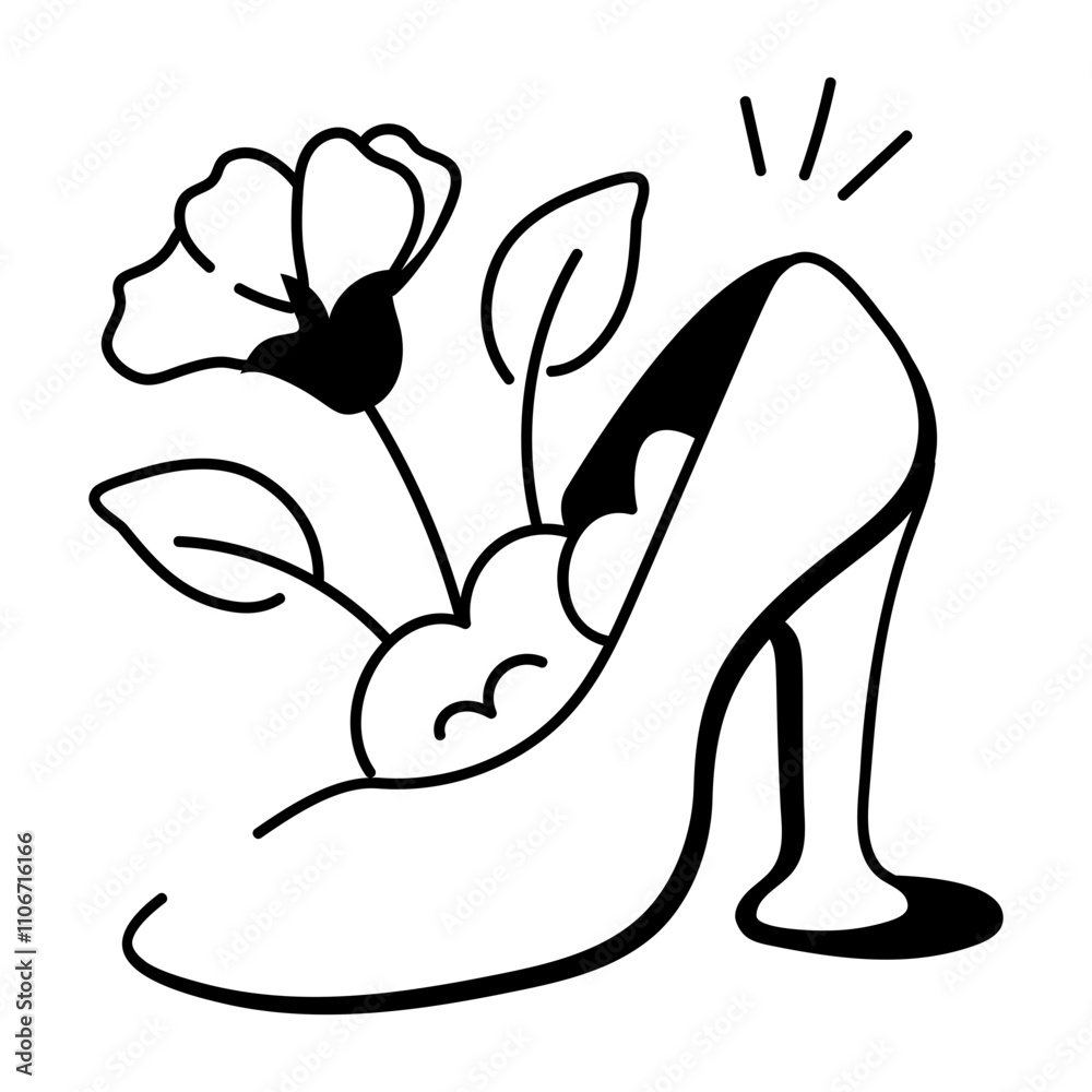 Hand drawn icon of heel shoe with flower
Hand drawn icon of heel shoe with flower