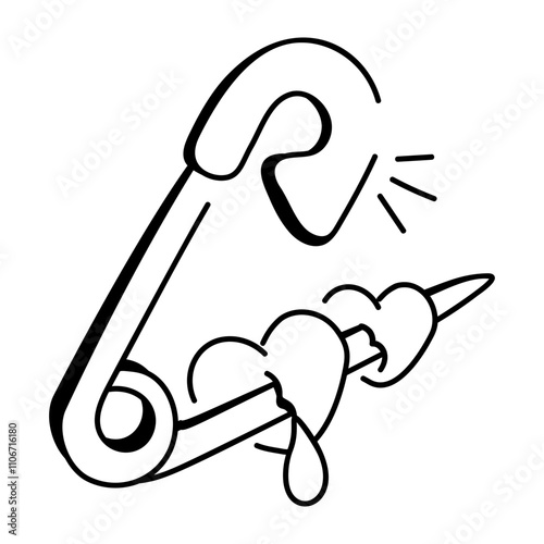 Hand drawn icon of safety pin with bleeding hearts 
