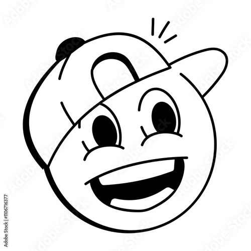 Cap emoji with smiling face, doodle icon 

