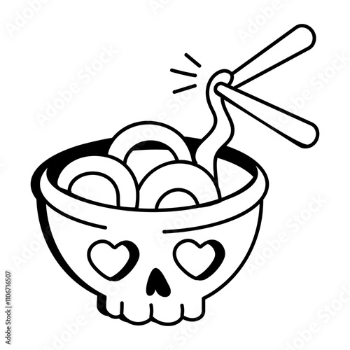 Spooky noodles in a skull bowl, doodle icon 

