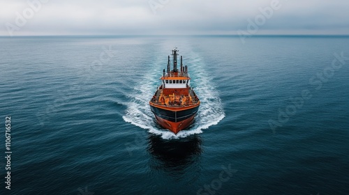 Aerial View of Tugboat Navigating Calm Waters at Sunrise with Gentle Waves and Vast Horizon, Symbolizing Strength and Resilience in Maritime Operations