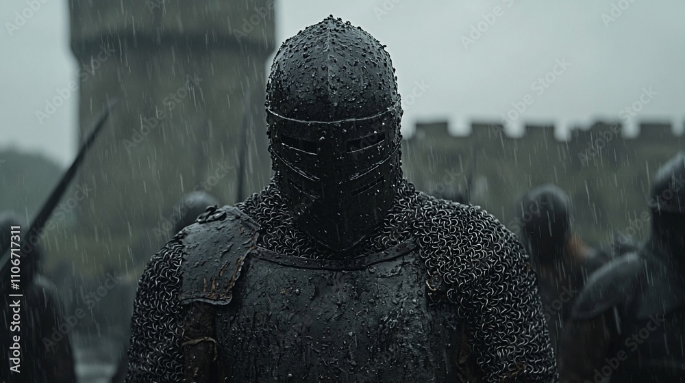 Dark warrior in medieval armor, rain, battle scene. Dark warrior in medieval armor, rain, battle scene.