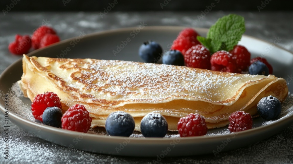 A Plate of Powdered Sugar Crepes with Fresh Raspberries and Blueberries A Plate of Powdered Sugar Crepes with Fresh Raspberries and Blueberries