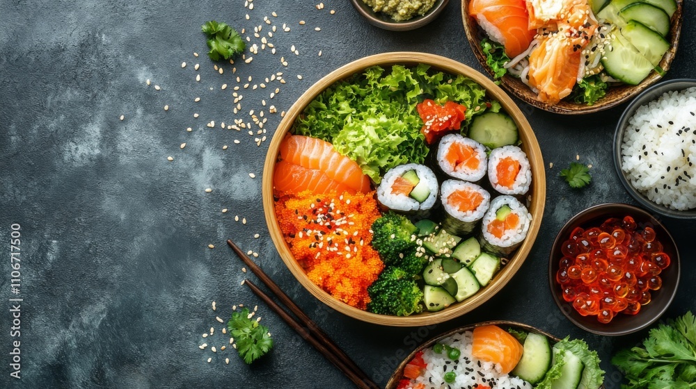 Salmon Sushi Bowl with Cucumber, Broccoli, and Salad Salmon Sushi Bowl with Cucumber, Broccoli, and Salad