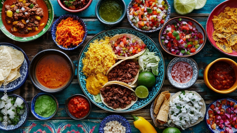A colorful arrangement of traditional Mexican food, including tacos, salsa, and chips. A colorful arrangement of traditional Mexican food, including tacos, salsa, and chips.