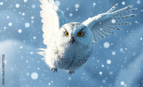 snowy owl in flight, winter setting, falling snowflakes, vibrant yellow eyes, detailed feathers, soft focus background, dynamic pose, ethereal mood, high contrast lighting, ultra-realistic style
 photo