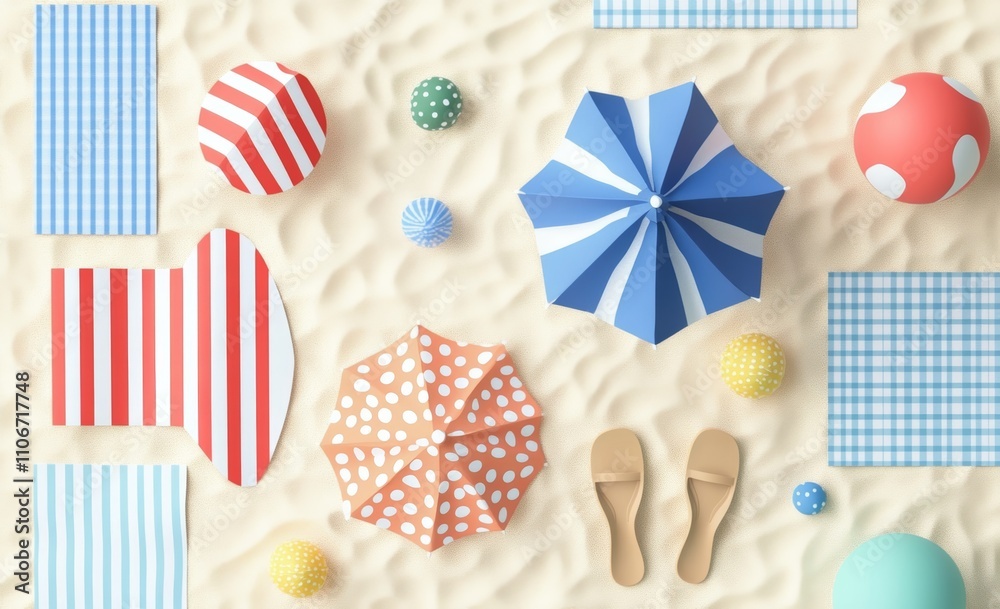 Obraz premium Colorful Beach Scene with Umbrellas Beach Balls Flip Flops and Paper on Light Beige Background