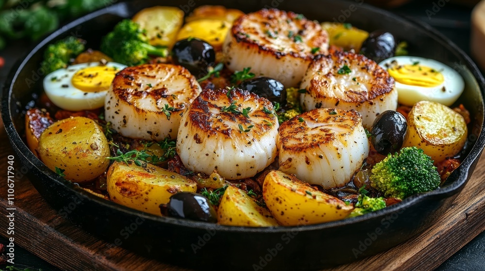 Seared Scallops with Hard-Boiled Eggs and Roasted Potatoes in Cast Iron Skillet Seared Scallops with Hard-Boiled Eggs and Roasted Potatoes in Cast Iron Skillet