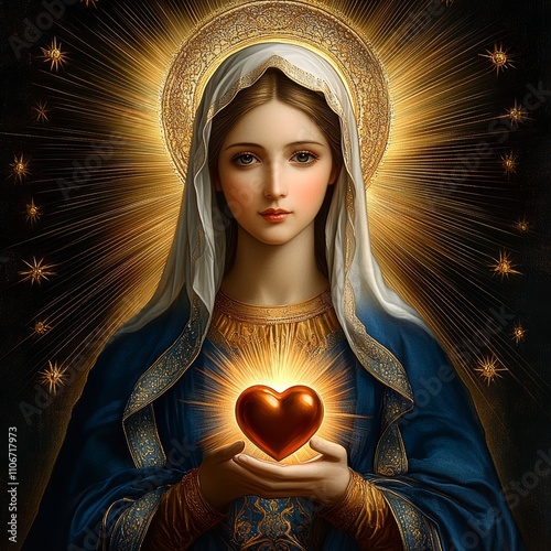 Virgin Mary Serene Expression Glowing Heart Blue Robe Golden Patterns Religious Art