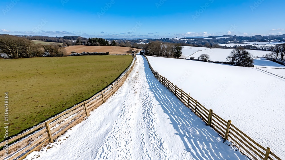 Obraz premium Snowy Landscape with Pathway through Green and White Fields under Blue Sky