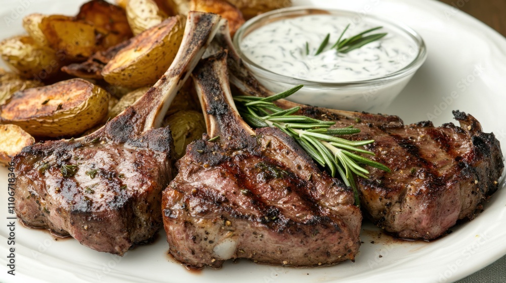 A tantalizing plate of grilled lamb chops seasoned with rosemary and garlic, served with a mint yogurt sauce and roasted potatoes, Lamb chops centered A tantalizing plate of grilled lamb chops seasoned with rosemary and garlic, served with a mint yogurt sauce and roasted potatoes, Lamb chops centered