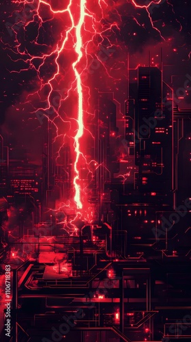 A futuristic cityscape illuminated by red lightning, creating a dramatic and surreal atmosphere.