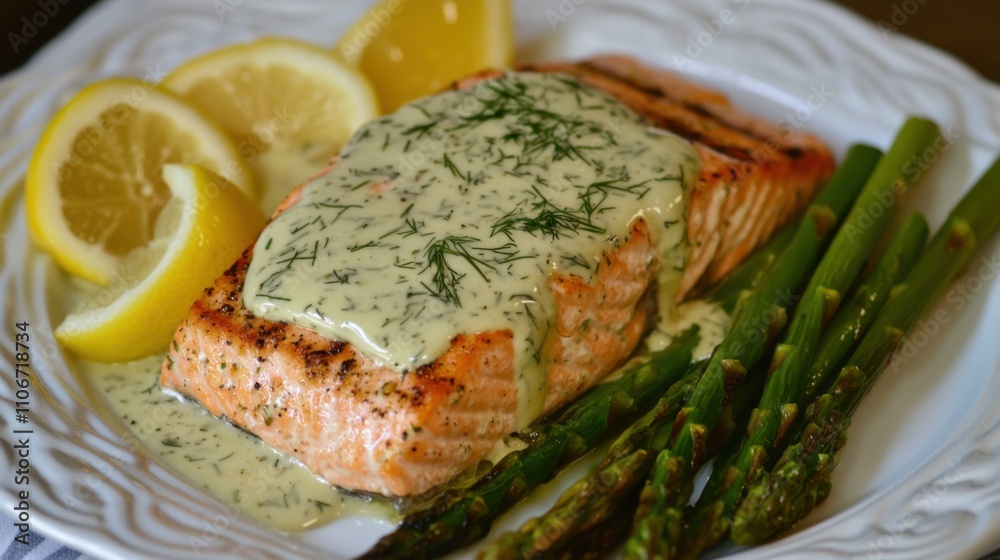 A tantalizing plate of grilled salmon served with roasted asparagus and lemon herb butter sauce, Grilled salmon fillet plated elegantly with a sprinkle of chopped dill, Lemon wedges for squeezing A tantalizing plate of grilled salmon served with roasted asparagus and lemon herb butter sauce, Grilled salmon fillet plated elegantly with a sprinkle of chopped dill, Lemon wedges for squeezing