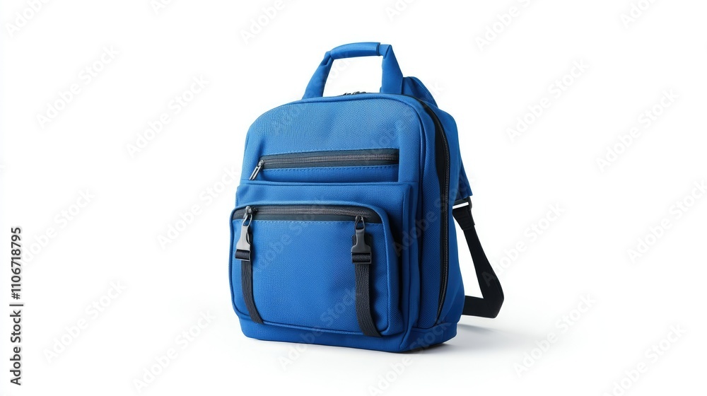 Naklejka premium A blue backpack with multiple compartments and a handle, designed for carrying essentials.