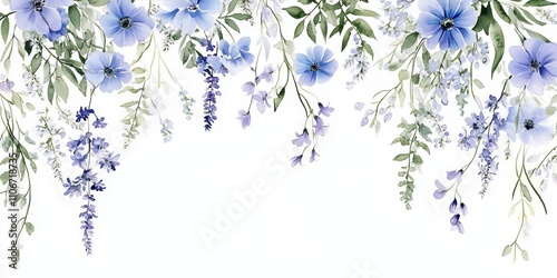 Watercolor Illustration of Blue and Purple Flowers with Green Leaves for Wedding Stationery and Backgrounds