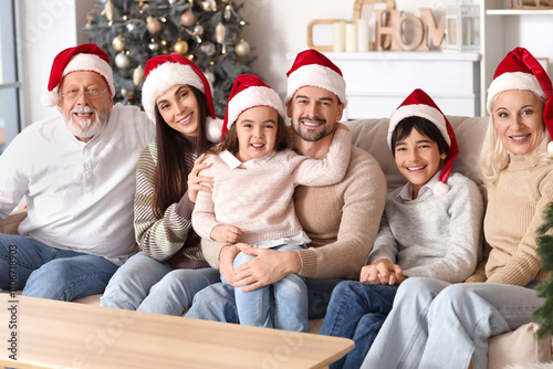 Big family in Santa hats si...