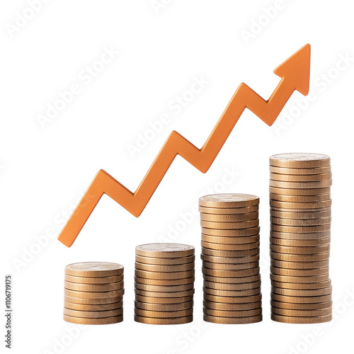 A stack of coins with an upward-trending arrow, symbolizing financial growth and investment success.