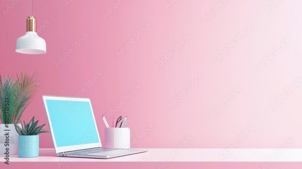 A computer desk with a pink chair and a white computer monitor A computer desk with a pink chair and a white computer monitor
