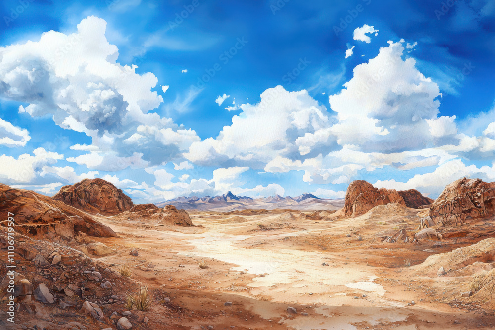 Fototapeta premium Exploring geological formations martian landscape watercolor artwork desert environment aerial view soft color palette for enhanced visual impact