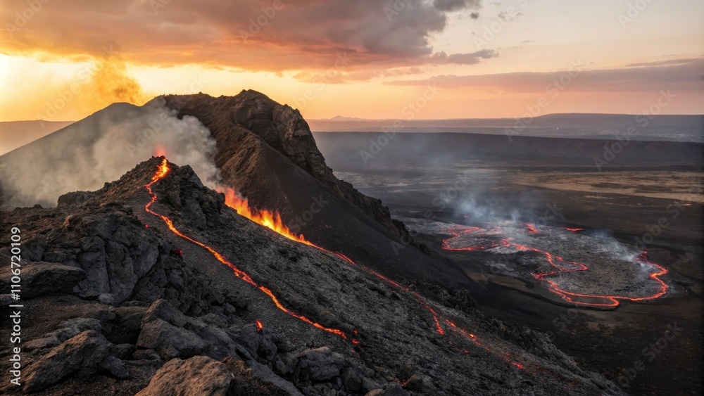 Fototapeta premium Dramatic Volcanic Ridge in Rugged Terrain During Sunset