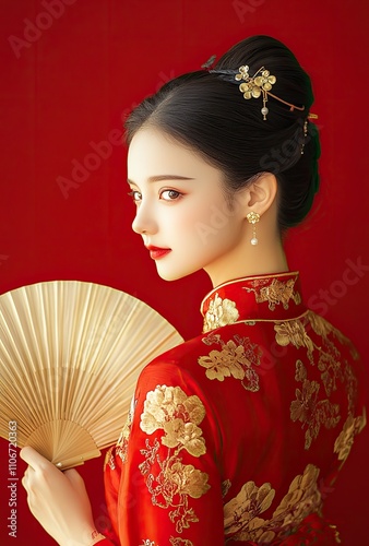 Beautiful young woman, holding an ancient fan in her hand, wearing a red cheongsam and hairpin headdress photo