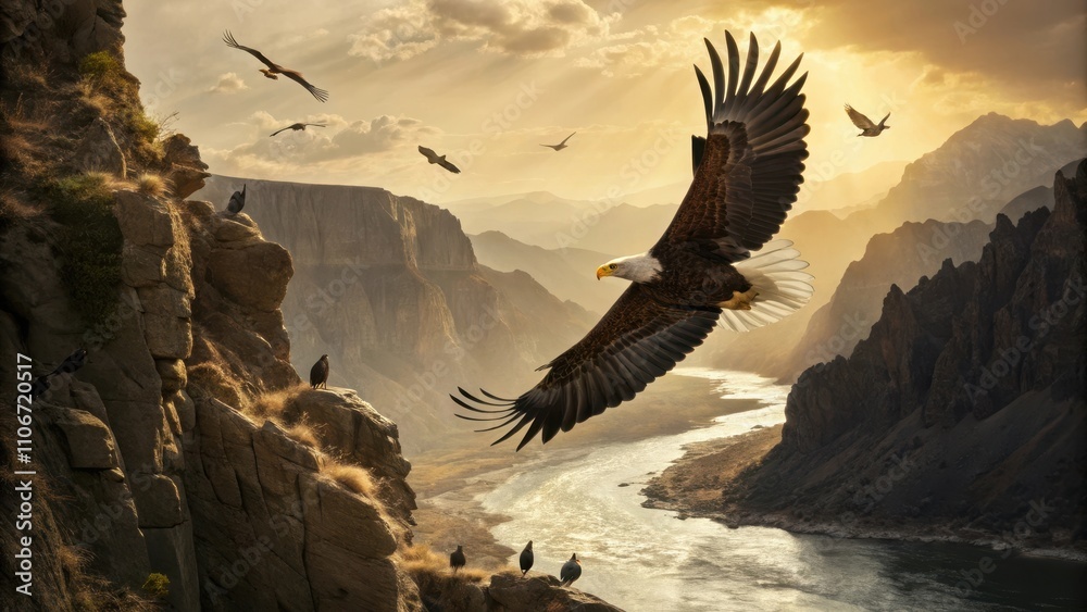Fototapeta premium Majestic eagle soaring over rugged canyon landscape