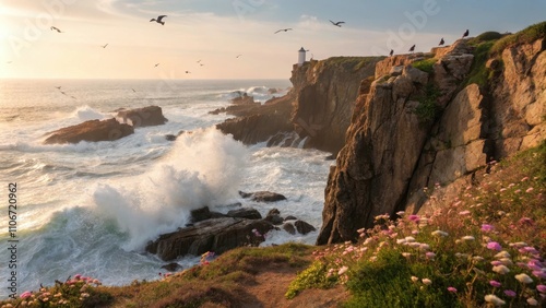 Rocky Coastal Cliff Overlooking Crashing Waves at Sunset