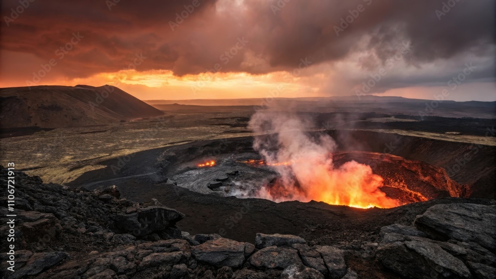Fototapeta premium Volcanic Landscape with Erupting Lava in Remote Wilderness