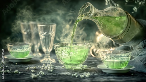 Green beverage being poured into a bowl with glasses and decorative elements. photo