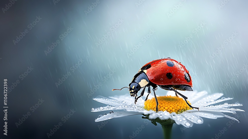 Obraz premium Stunning macro imagery of a ladybug on a dewy white daisy, with a peaceful blue sky-inspired background, showcasing nature’s simplicity Ultra-Realistic Photo Realistic highly detailed 